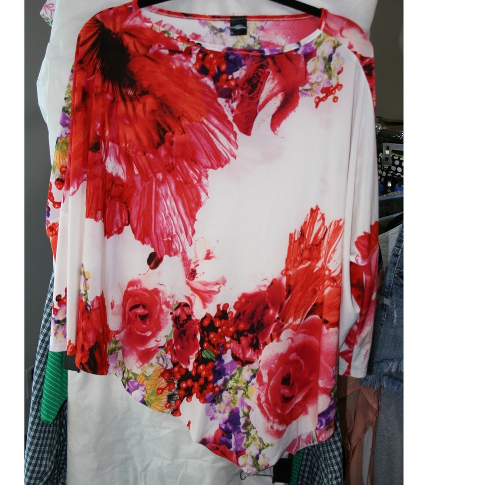 Ducci Womens Red Floral Asymmetrical Sharkbite Hem Dolman Sleeve Blouse Small